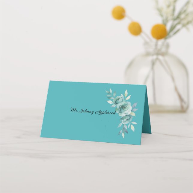 Teal Whisper Blooms Bröllop Placeringskort (Framsida)