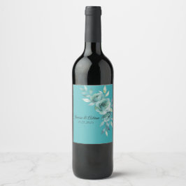 Teal Whisper Blooms Bröllop Vinflaska Etikett