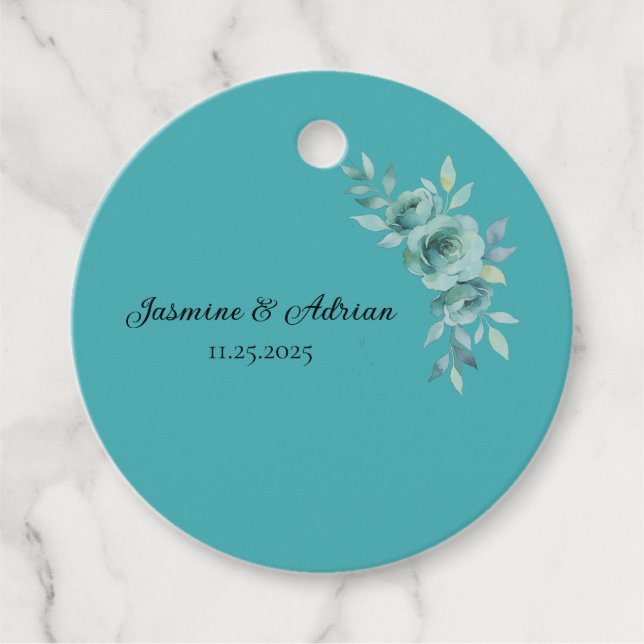 Teal Whisper Blooms Wedding Gåvor Etiketter (Framsida)