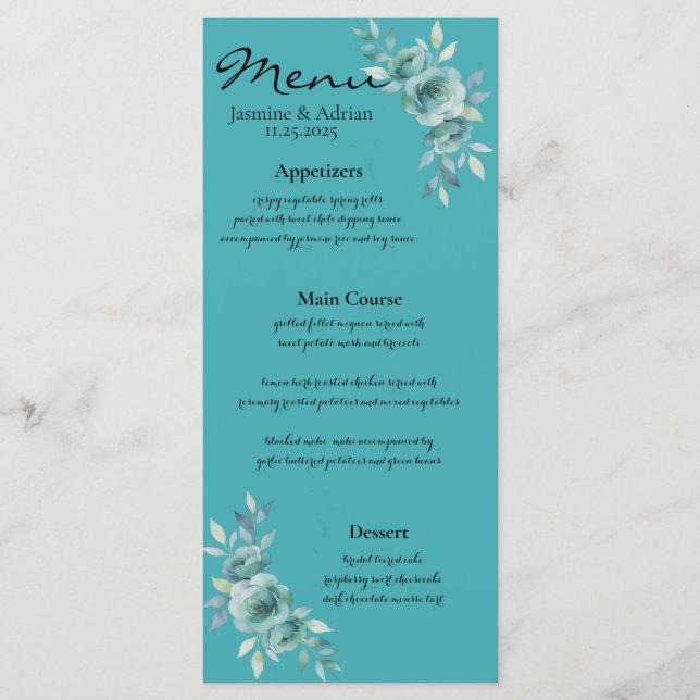 Teal Whisper Blooms Wedding Meny (Framsida)