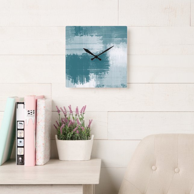 Teal White Abstrakt Brushstrokes Fyrkantig Klocka (Läsesal)