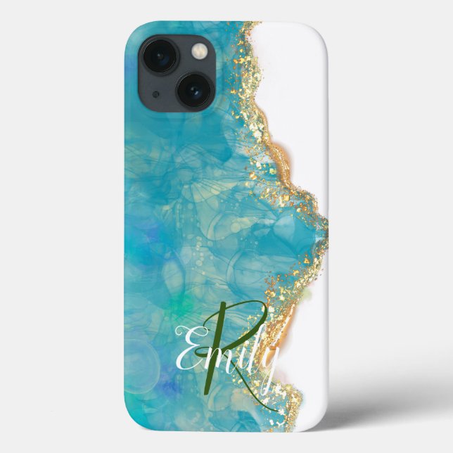 Teal & White Agate Marble Abstrakt Namn Monogram (Baksida)