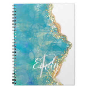 Teal & White Agate Marble Abstrakt Namn Monogram Anteckningsbok
