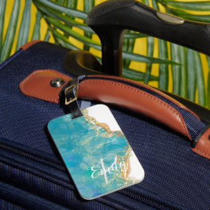 Teal & White Agate Marble Abstrakt Namn Monogram Bagagebricka
