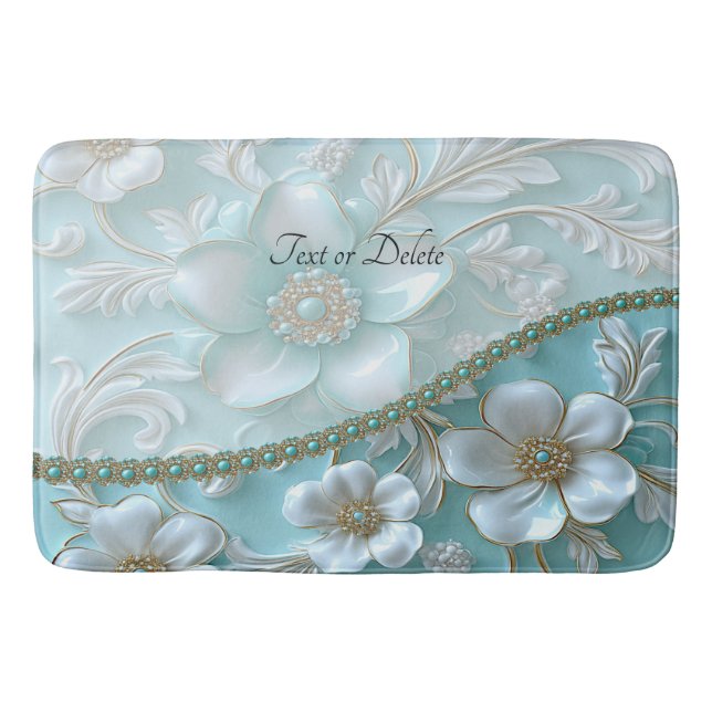 Teal White Blommigt Bath Mat Badrumsmatta (Framsidan)