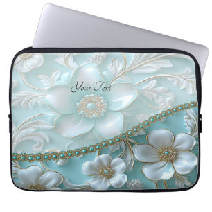 Teal White Blommigt Laptop sleeve