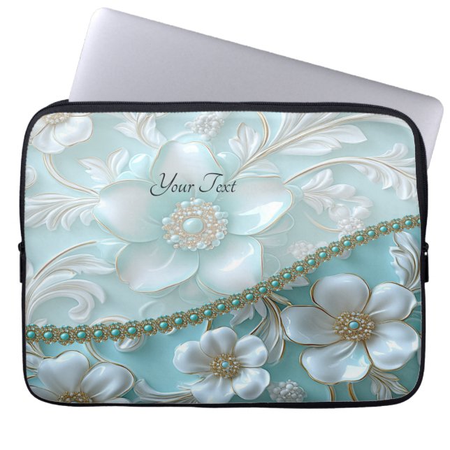 Teal White Blommigt Laptop sleeve (Framsidan)