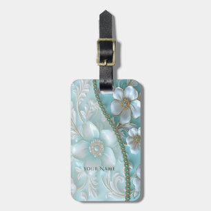 Teal White Blommigt Luggage Tag Bagagebricka