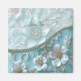 Teal White Blommigt Magnet