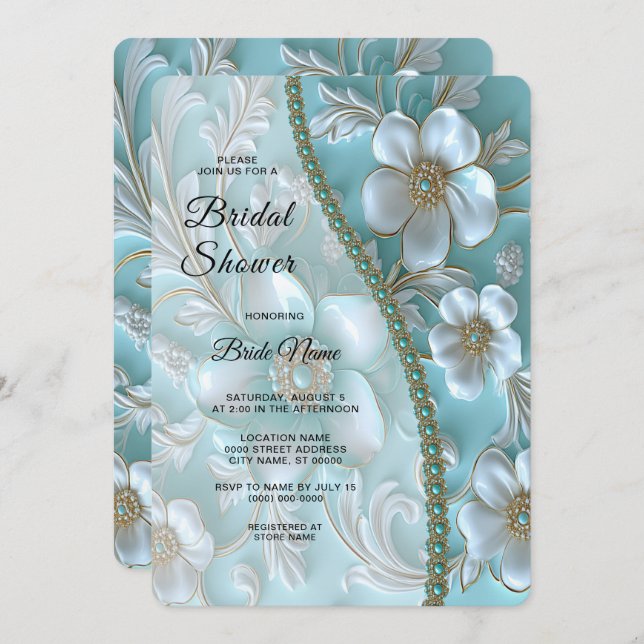 Teal White Blommigt Möhippa Inbjudningar (Fram/baksida)