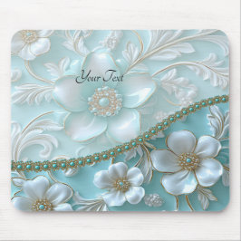 Teal White Blommigt Mousepad Musmatta