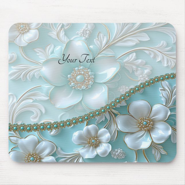 Teal White Blommigt Mousepad Musmatta (Framsidan)