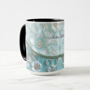 Teal White Blommigt Mugg