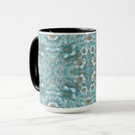 Teal White Blommigt Mugg