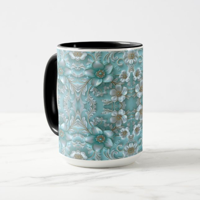Teal White Blommigt Mugg (Framsida vänster)
