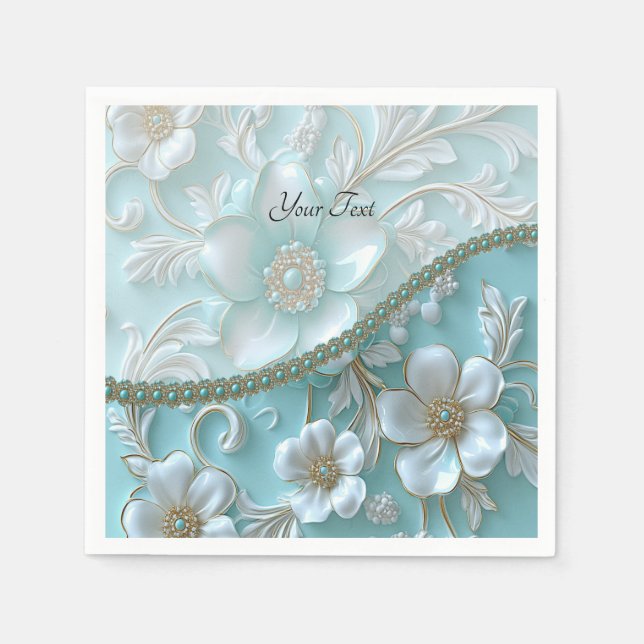 Teal White Blommigt Napkins Pappersservett (Framsidan)