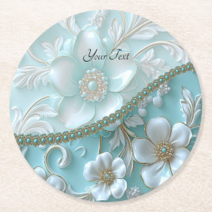 Teal White Blommigt Papper Underlägg Rund