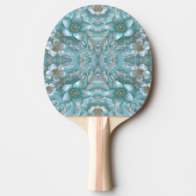 Teal White Blommigt Ping Pong Paddle Pingisracket (Framsidan)