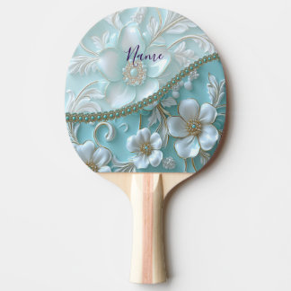 Teal White Blommigt Ping Pong Paddle Pingisracket