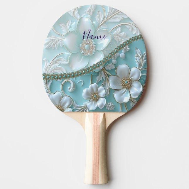 Teal White Blommigt Ping Pong Paddle Pingisracket (Framsidan)