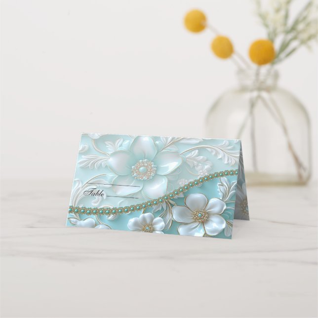 Teal White Blommigt Place Card Placeringskort (Framsida)