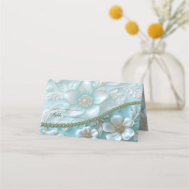 Teal White Blommigt Place Card Placeringskort
