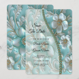 Teal White Blommigt Spara datum Datumet