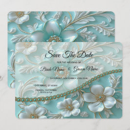 Teal White Blommigt Spara datum Datumet