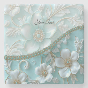 Teal White Blommigt Stone Underlägg