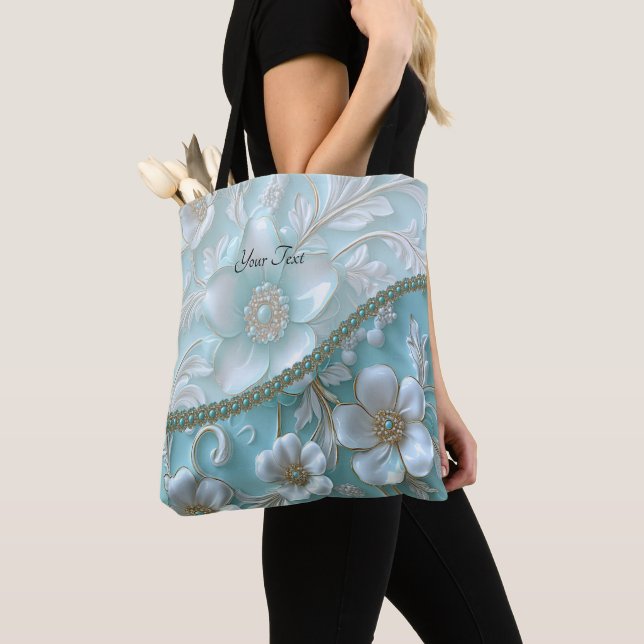Teal White Blommigt Tote Bag Tygkasse (Närbild)