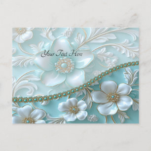 Teal White Blommigt vycard Vykort