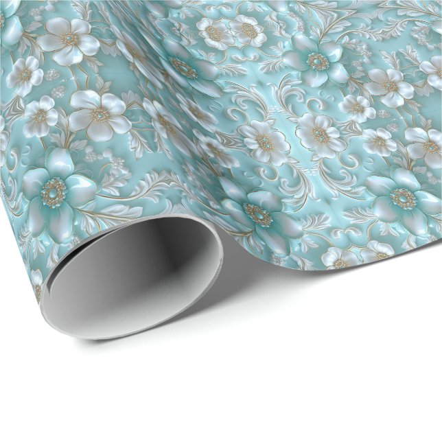 Teal White Blommigt Wrapping Papper Presentpapper (Rullad Hörn)