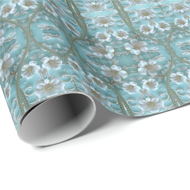 Teal White Blommigt Wrapping Papper Presentpapper (Rullad Hörn)