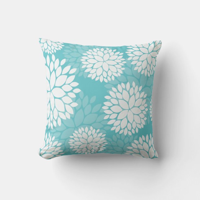 Teal White Blommönster Pillow Kudde (Framsida)