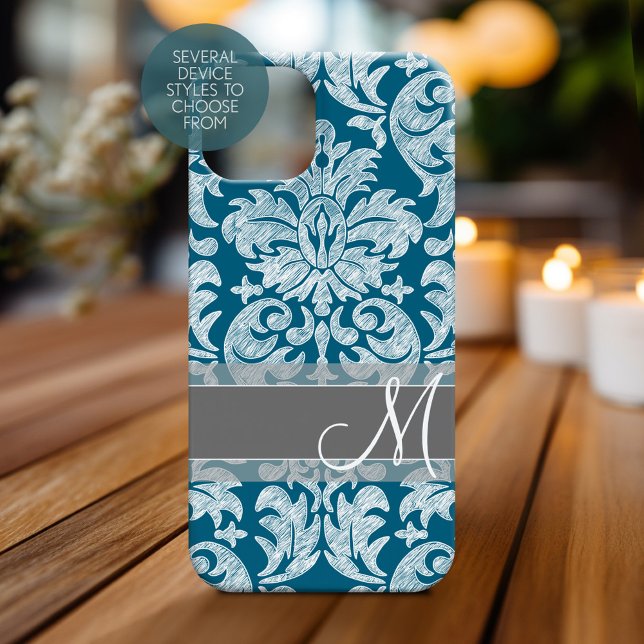 Teal White Chalkboard Damask Pattern (Personalized Phone Case with Monogram)
