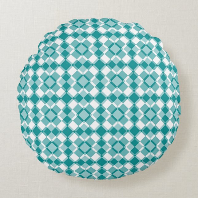 Teal White Checker Argyle Pattern Rund Kudde (Framsidan)