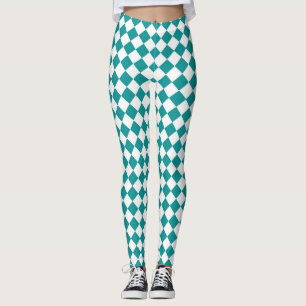 Teal White Checker Diamond Mönster Leggings