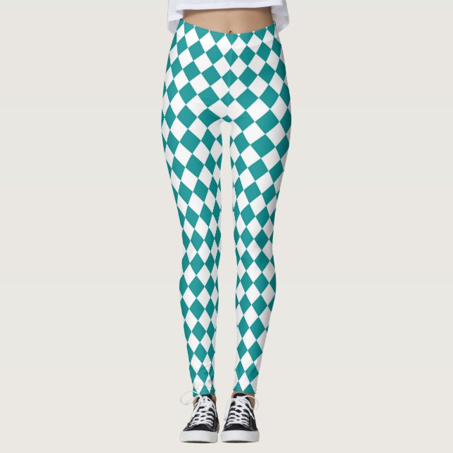 Teal White Checker Diamond Mönster Leggings (Framsida)