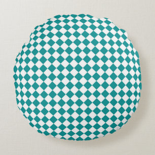 Teal White Checker Diamond Mönster Rund Kudde