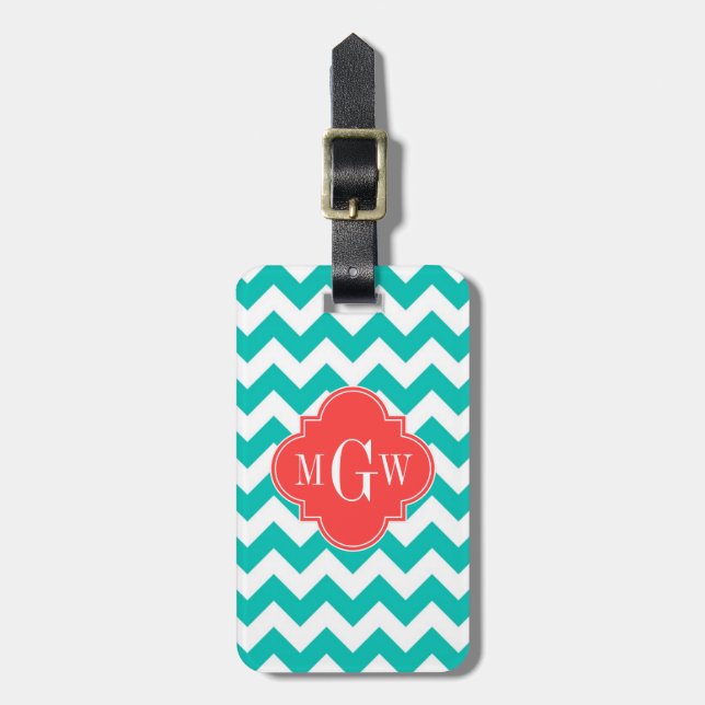 Teal White Chevron Coral Quatrefoil 3 Monogram Bagagebricka (Vertikal Framsida)
