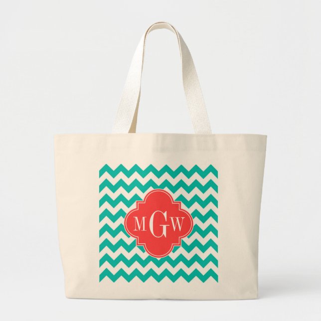 Teal White Chevron Coral Quatrefoil 3 Monogram Jumbo Tygkasse (Framsidan)