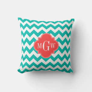 Teal White Chevron Coral Quatrefoil 3 Monogram Kudde