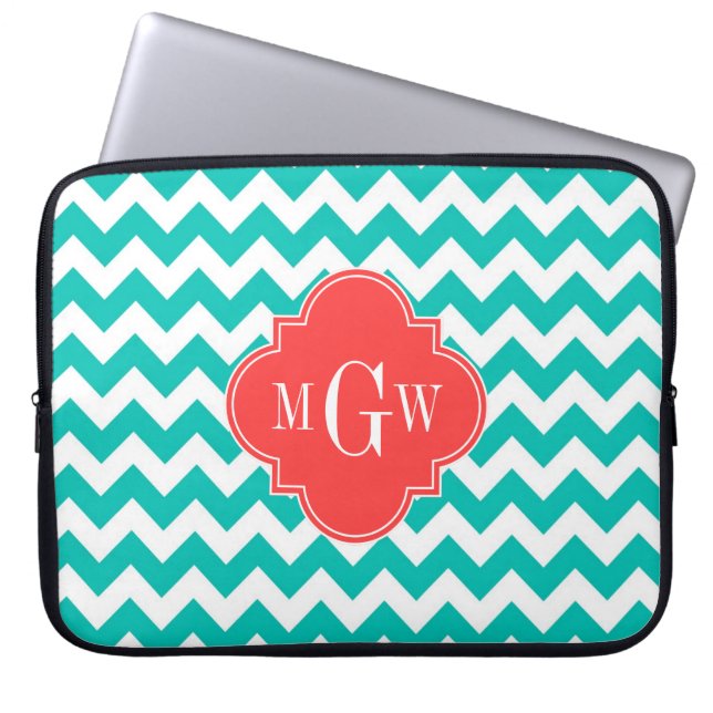 Teal White Chevron Coral Quatrefoil 3 Monogram Laptop Sleeve (Framsidan)