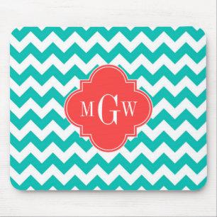 Teal White Chevron Coral Quatrefoil 3 Monogram Musmatta