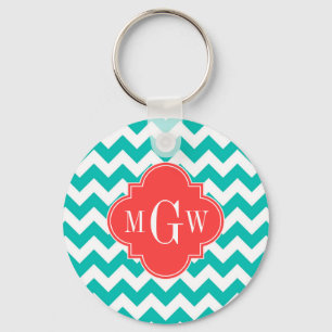 Teal White Chevron Coral Quatrefoil 3 Monogram Nyckelring