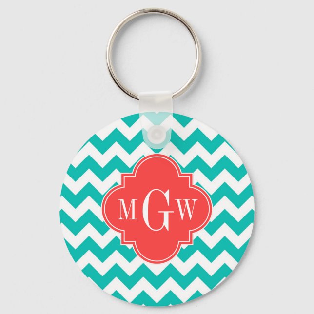 Teal White Chevron Coral Quatrefoil 3 Monogram Nyckelring (Framsida)