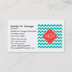Teal White Chevron Coral Quatrefoil 3 Monogram Visitkort