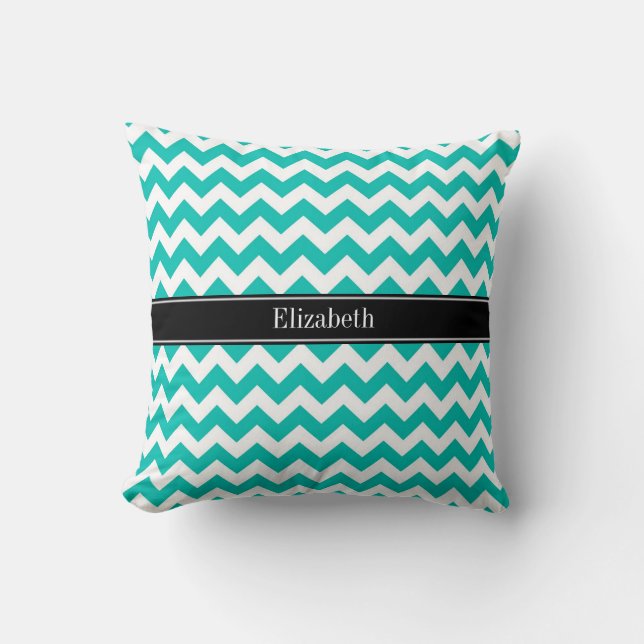 Teal White Chevron ZigZag Black Namn Monogram Kudde (Framsida)