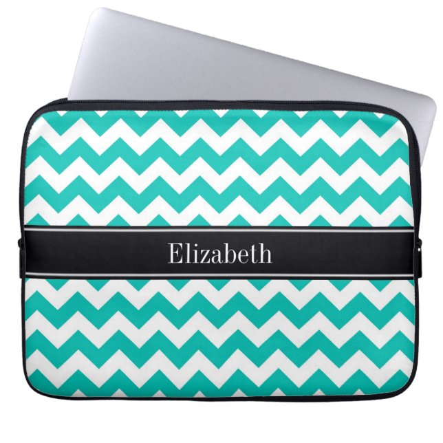 Teal White Chevron ZigZag Black Namn Monogram Laptop Sleeve (Framsidan)