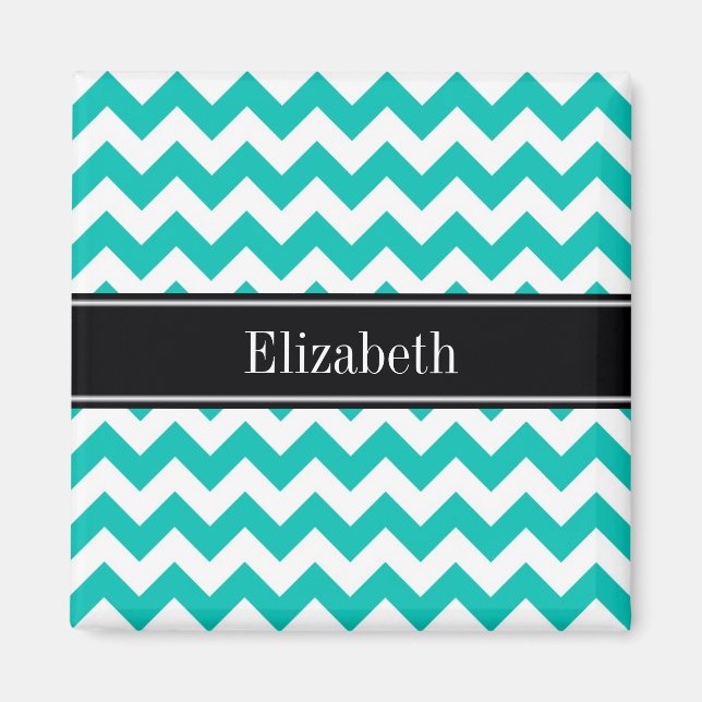 Teal White Chevron ZigZag Black Namn Monogram Magnet (Framsidan)